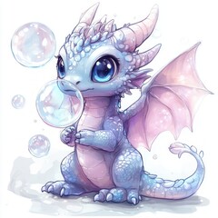 Poster - Cute baby dragon blowing bubbles in a whimsical style.