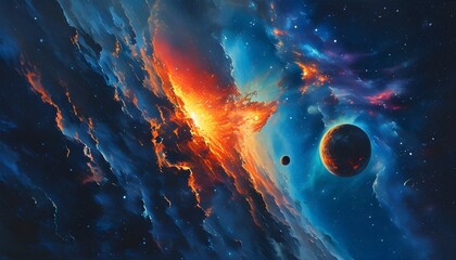 Wall Mural - Explosive Cosmic Landscape with Fiery Galaxies, Planets, and Expansive Nebulae Showcasing the Immense Beauty of the Night Sky