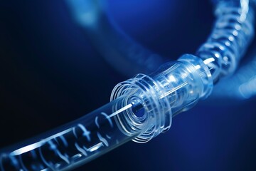 Poster - Close up of a transparent plastic tube with a connector, highlighting its intricate design and the play of light on its surface