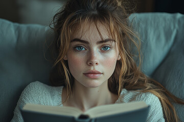 Poster - a person with a neutral expression, absorbed in reading a book, showing concentration and focus. con