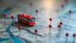 © Orxan - A red bus along with pins and a route mapped across a city layout, relating to adventure, navigation, communication, logistics, and travel concepts