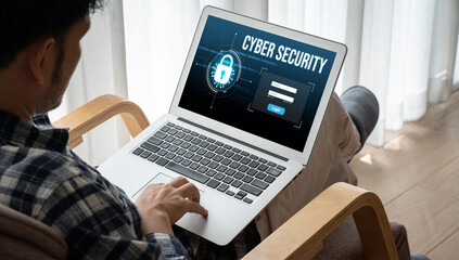Poster - cyber security system on computer screen protect private information snugly from hacker and cyber at