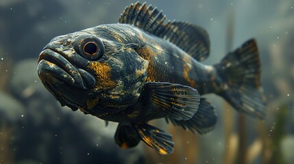 Close-up of a Black and Gold Fish Swimming in an Aquarium