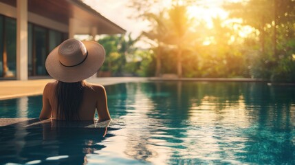 Wall Mural - Woman Relaxing by the Pool at Sunset