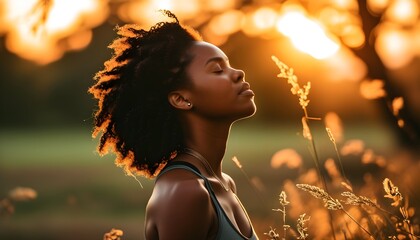 Wall Mural - Serene Meditation at Sunset: Young Black Woman Embracing Natures Tranquility and Mindfulness During Golden Hour