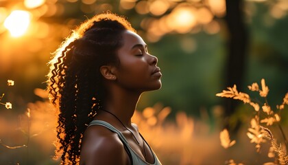 Wall Mural - Serene Meditation at Sunset: Young Black Woman Embracing Natures Tranquility and Mindfulness During Golden Hour