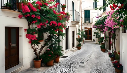 Wall Mural - Enchanting Black and White Alley adorned with Blooming Plants in Polignano a Mare, Puglias Architectural Beauty