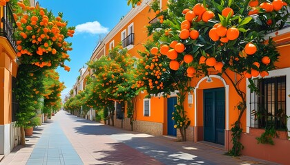 Wall Mural - Vibrant Valencia Street Embellished with Lush Orange Trees Under a Bright Mediterranean Sun, Showcasing Charming Architecture