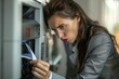 © Yuliia - An irritated young businesswoman looking at a paper stuck in a broken printer in the office.