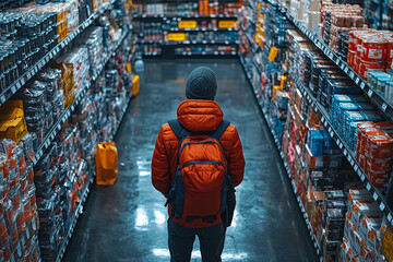 Poster - a shopper taking advantage of black friday discounts while navigating through a store's maze of aisl