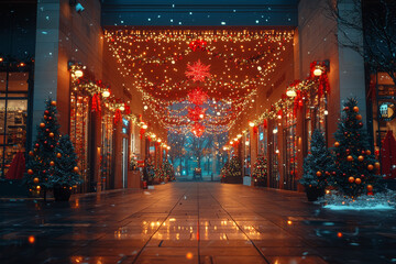 Poster - a store's entrance decorated with black friday promotional banners and lights. concept of store ambi