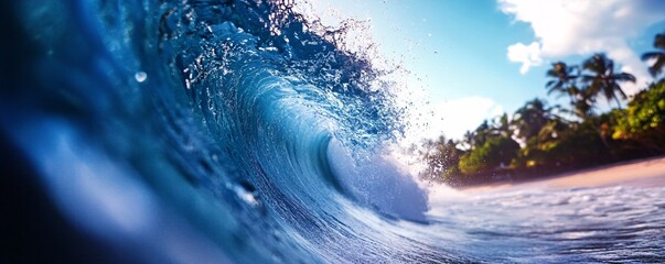 Giant blue ocean wave breaking on tropical beach shore