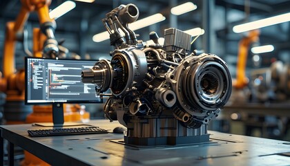 Poster - Precision Engineering: A Mechanical Engineer Crafting 3D Engine Model at Night in a Factory, Showcasing Industrial Innovation and Modern Technology