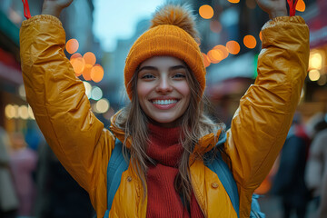 Poster - a person proudly holding up their latest black friday purchase in front of a store. concept of perso