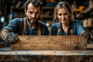Poster - A married pair building a piece of furniture together, focusing on their teamwork. Concept of shared projects and problem-solving.