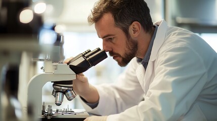 scientist in a lab coat analyzing samples under a microscope in a modern laboratory, copy space