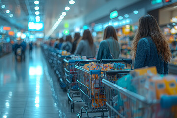 Poster - a line of customers waiting to check out, each with multiple items in their carts. concept of long q