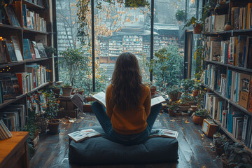 Sticker - A genderfluid person enjoying a quiet afternoon in a cozy bookstore, exploring new reads and relaxing. Concept of leisure and self-care.