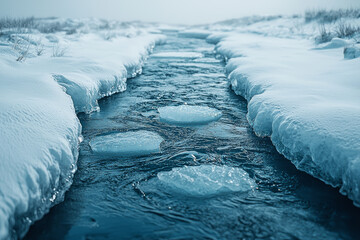 Poster - A frozen river with thick ice causing blockages and potential flooding upstream. Concept of ice formation and waterway hazards.