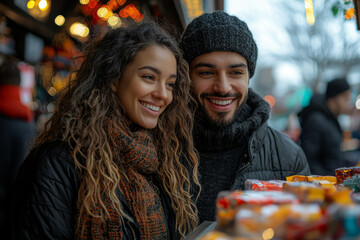Poster - a couple excitedly selecting items from a black friday sale table in a bustling retail environment. 
