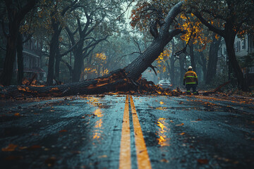 Poster - A collapsed tree blocking a road after a powerful storm, with emergency services working to clear it. Concept of storm damage and disruption.