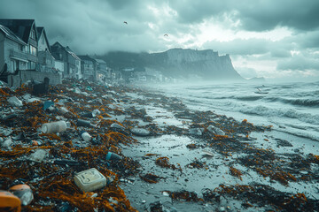 Sticker - A beach littered with debris and seaweed after a violent storm, showing environmental impact. Concept of marine pollution and storm aftermath.