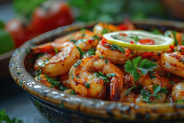 Wall Mural - Succulent shrimp dish garnished with fresh herbs and lemon slices in a rustic bowl on a wooden table