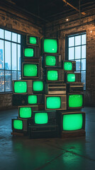 Poster - vertical 3d rendered stack of classical old televisions, green screen tv monitors vintage chrome key TVs in modern room location set design video element dynamic scene reel background