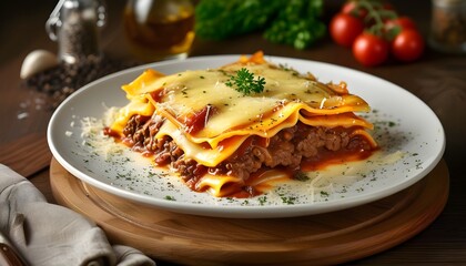 Wall Mural - Savory Italian Beef Lasagna with Rich Tomato Sauce and Melted Cheese Served on Wooden Board, Perfect for Family Meals and Comfort Food Inspiration