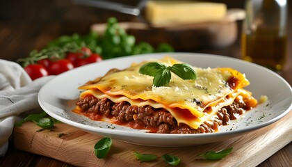 Wall Mural - Savory Italian Beef Lasagna with Rich Tomato Sauce and Melted Cheese Served on Wooden Board, Perfect for Family Meals and Comfort Food Inspiration