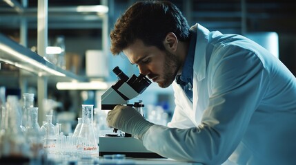 A scientist in a lab coat analyzing samples under a microscope in a modern laboratory, copy space