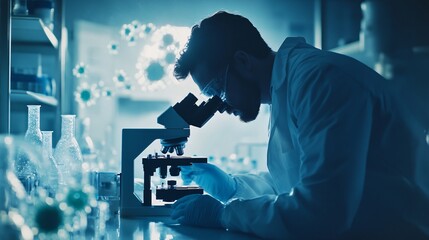 A scientist in a lab coat analyzing samples under a microscope in a modern laboratory, copy space