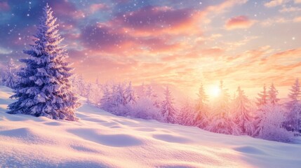 Sticker - Snow-Covered Forest at Sunset with a Pink Sky and Sparkling Lights