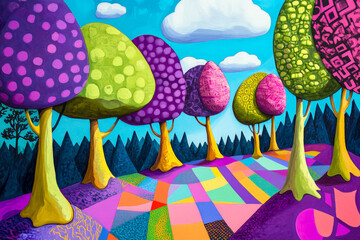 Wall Mural - A whimsical, pop art forest with trees in bright, non-traditional colors like electric purple and neon green. The forest floor is covered in colorful, geometric patterns, and the sky is a vibrant blue