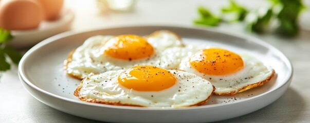 Fried eggs on white plate, breakfast concept