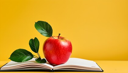 Wall Mural - Bright Red Apple with Green Leaf on Open Notebook Surrounded by Colors of Education and Wellness