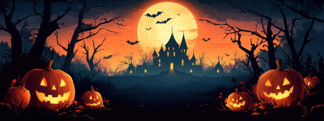 Halloween pumpkins, bats, a cemetery and a scary castle against the backdrop of a spooky big orange moon. Festive flyer, poster or banner. Vector illustration.