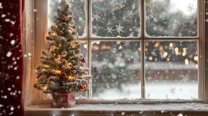 Small Decorated Christmas Tree on a Snowy Windowsill