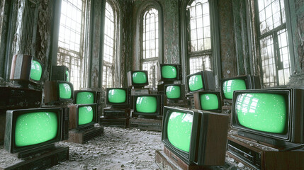 Fototapete - room full of old computer monitors, retro tech technology aged equipment with green screen televisions stack of TVs ruins of room apocalypse