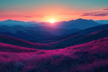 Poster - A serene landscape with a gradient sky transitioning from deep blue to soft pink at dusk. Concept of peaceful color transitions.