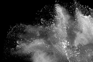 Wall Mural - white powder explosion on black background. colored cloud. colorful dust explode. paint holi.