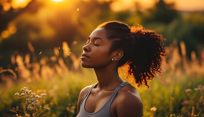 Sticker - Tranquil Outdoor Meditation of Young African American Woman Embracing Natures Serenity at Sunset