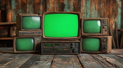 Poster - artistic 3d rendered composition stack old classic television with green screen monitors random positions in empty room dynamic composition cinematic lighting video element chroma key video element