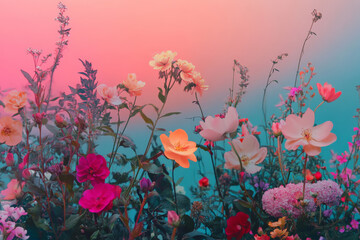 A vibrant floral garden with a gradient sky transitioning from a rich magenta at the horizon to a cool, dusky blue at the top. The flowers and foliage are subtly tinted with the gradient colors of the