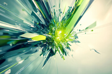 A futuristic 3D explosion with neon greens and blues against a light, silver background. The explosion's particles and energy bursts are sharp and defined, creating a sleek, high-tech appearance with