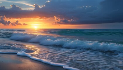 Dramatic Sunrise Over Crashing Waves at Serene Beach with Vibrant Seascape, Turquoise Ocean Waters, and Distant Cloudy Horizon for Coastal Nature and Travel Themes