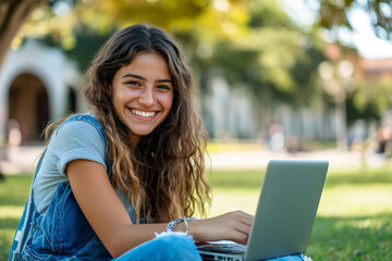 A happy young Brazilian female college student e-learning on her laptop at campus, sitting on a lawn and looking at the camera with a big smile.