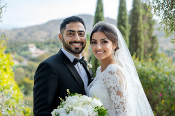 A happy Arabian bride and groom posing for a portrait after their wedding ceremony, standing together with a backdrop of beautiful scenery, both smiling warmly.