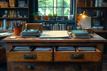 Poster - an office desk with an endless drawer, where papers and files keep appearing, showcasing the overwhe