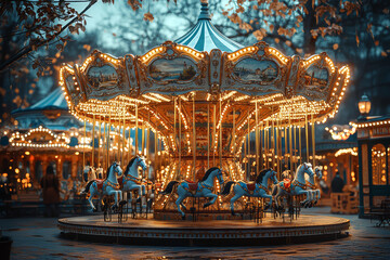 Poster - A whimsical carousel with different business tools as horses, symbolizing the variety of tasks in corporate life. Concept of work variety.